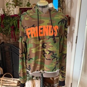 VLONE Camouflage Hoodie with Orange 'FRIENDS' Print